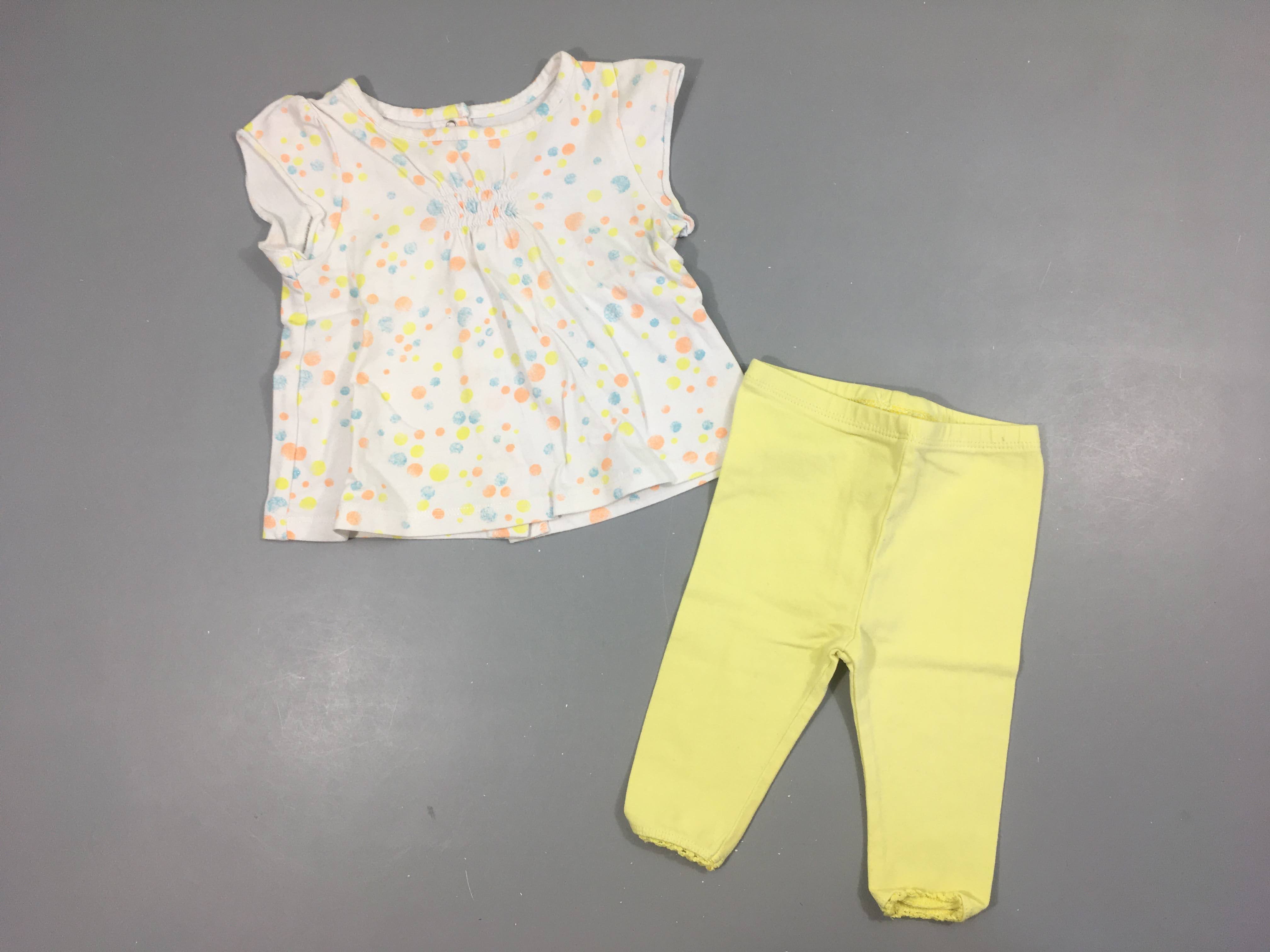 T-shirt m.c blanc pois mutlicolores + legging jaune, légèrement bouloché
