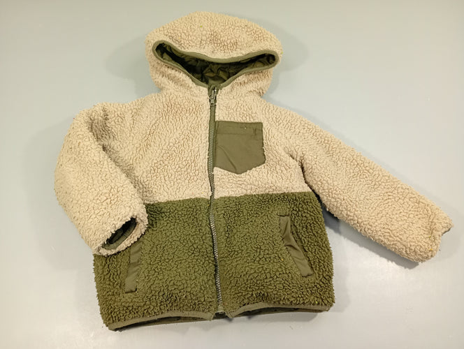 Veste zippée à capuche  matelassée kaki/ moutonnée kaki, beige, moins cher chez Petit Kiwi