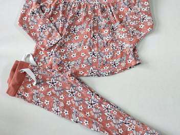 Pyjama 2pcs jersey brun motif à fleurs pois blancs