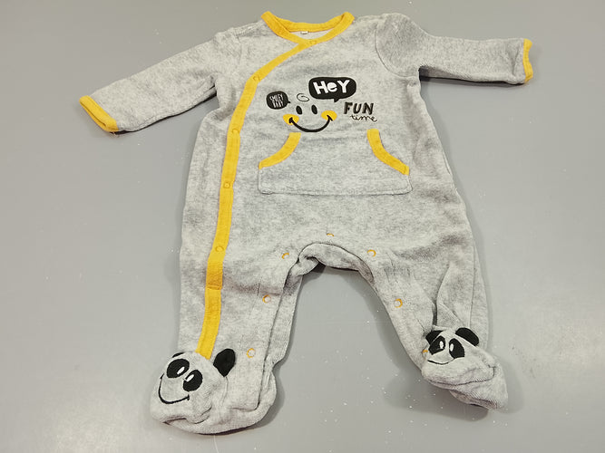 Pyjama velours gris clair et jaune Smiley, pieds pandas, moins cher chez Petit Kiwi