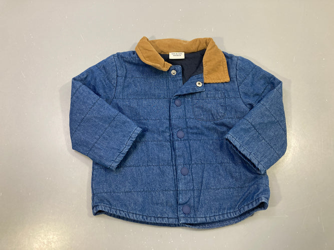 Veste bleue denim matelassée, col velours camel, pressions, moins cher chez Petit Kiwi