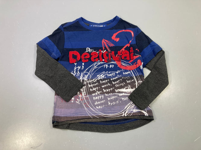 T-shirt m.l bleu rayé manches grises effet 2 en 1, imprimé logo rouge, moins cher chez Petit Kiwi
