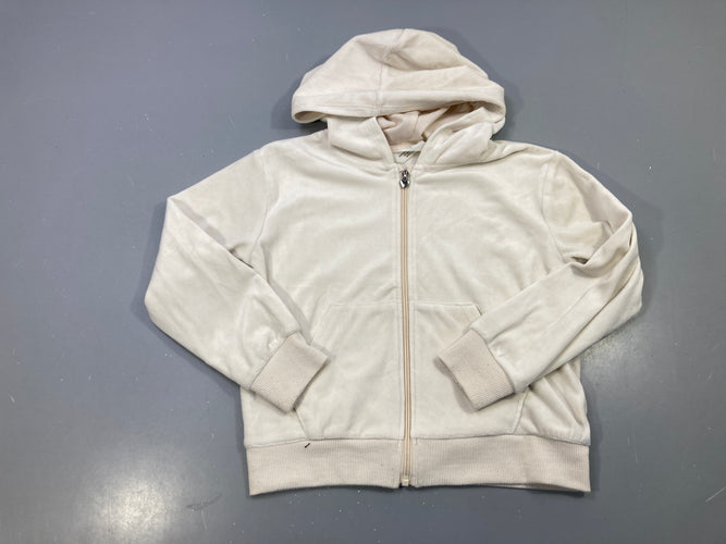Sweat zippé capuche écru velours, tirette cœur Petite tache manche droite, moins cher chez Petit Kiwi