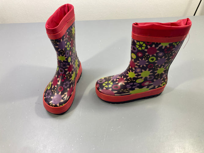 Bottes de pluie violettes fleurs et cœurs, bords rose, col tissu, moins cher chez Petit Kiwi