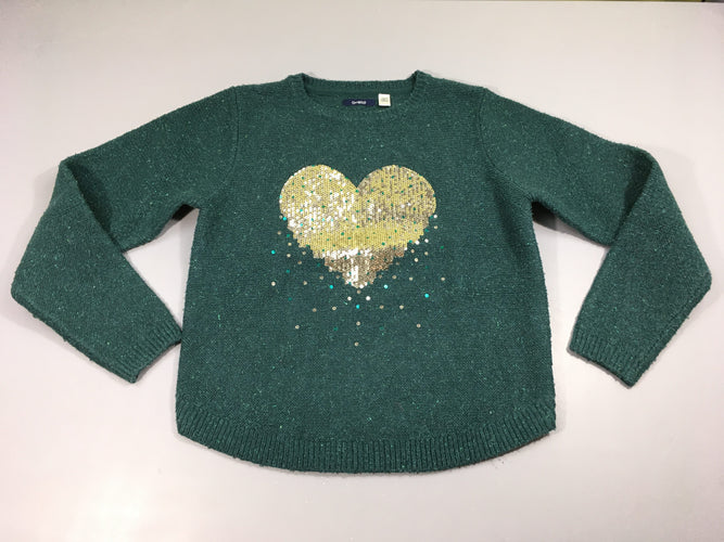 Pull vert irisié coeurs sequins, légèrement bouloché, moins cher chez Petit Kiwi