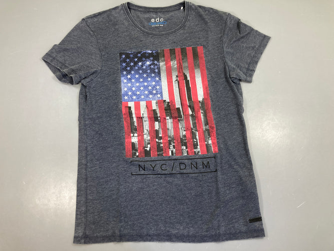 T-shirt m.c bleu chiné drapeau, un peu bouloché, moins cher chez Petit Kiwi
