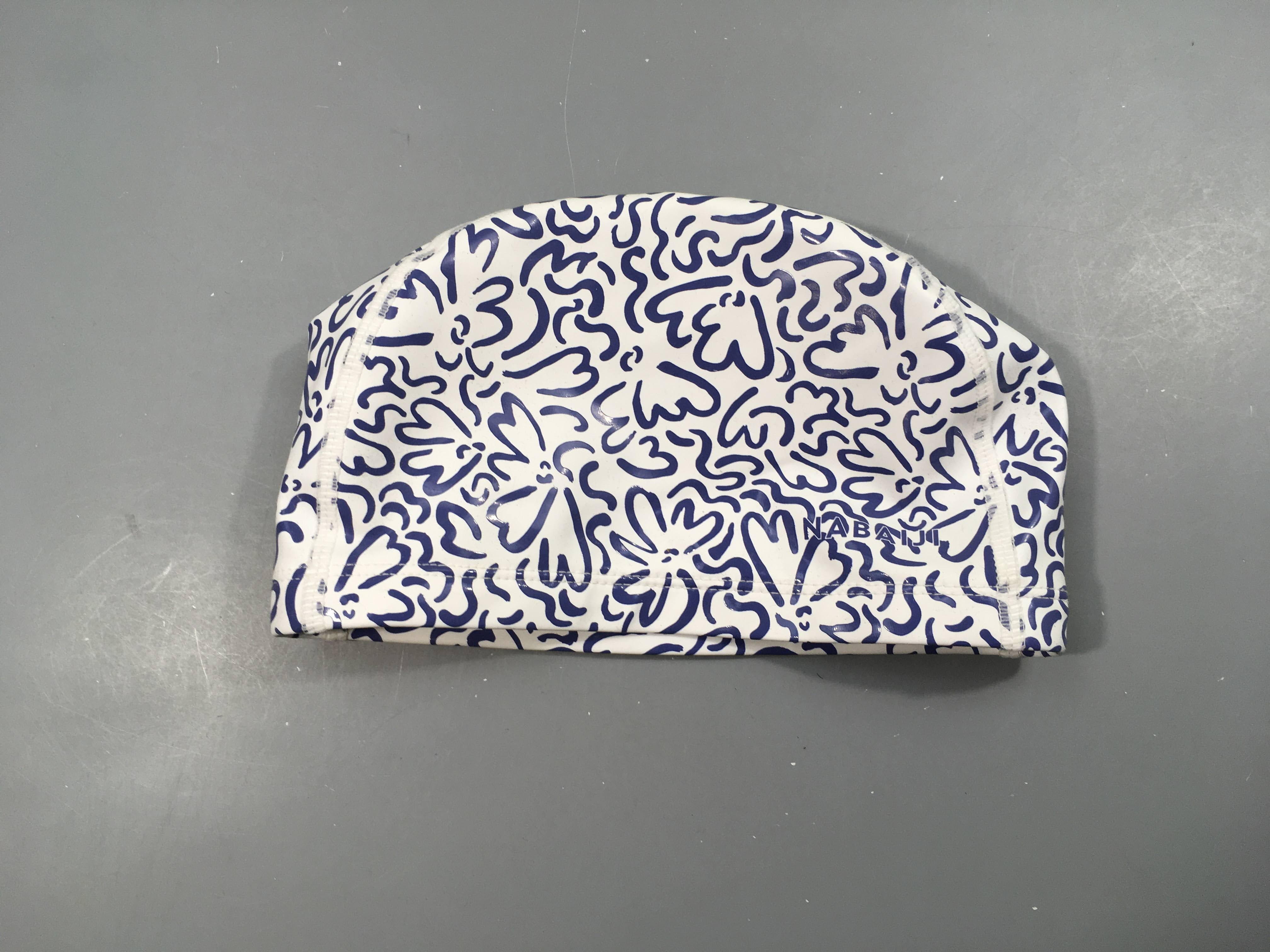 Bonnet de bain en tissu enduit, blanc/bleu