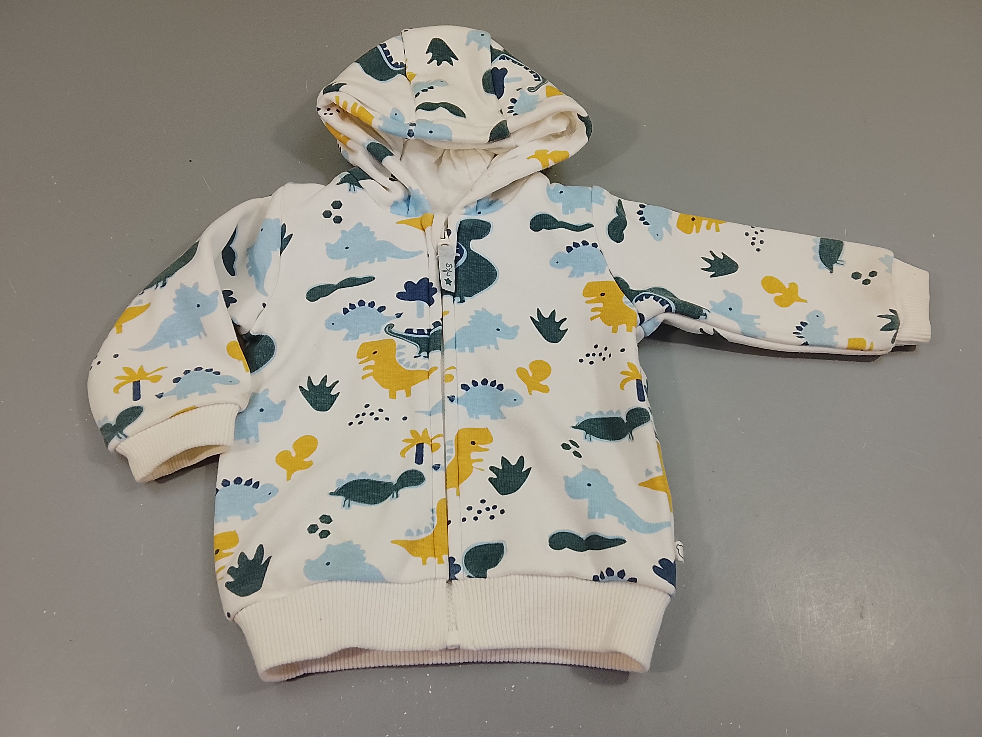 Sweat zippé à capuche blanc , dinosaures. Intérieur doux et chaud