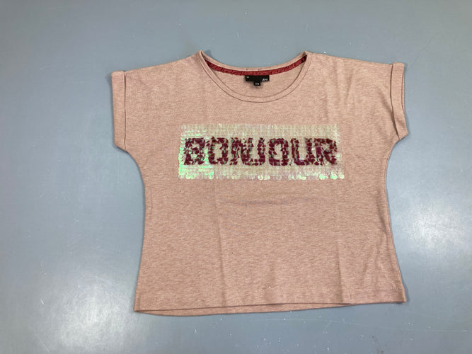 T-shirt m.c court rose chiné Bonjour sequins, moins cher chez Petit Kiwi