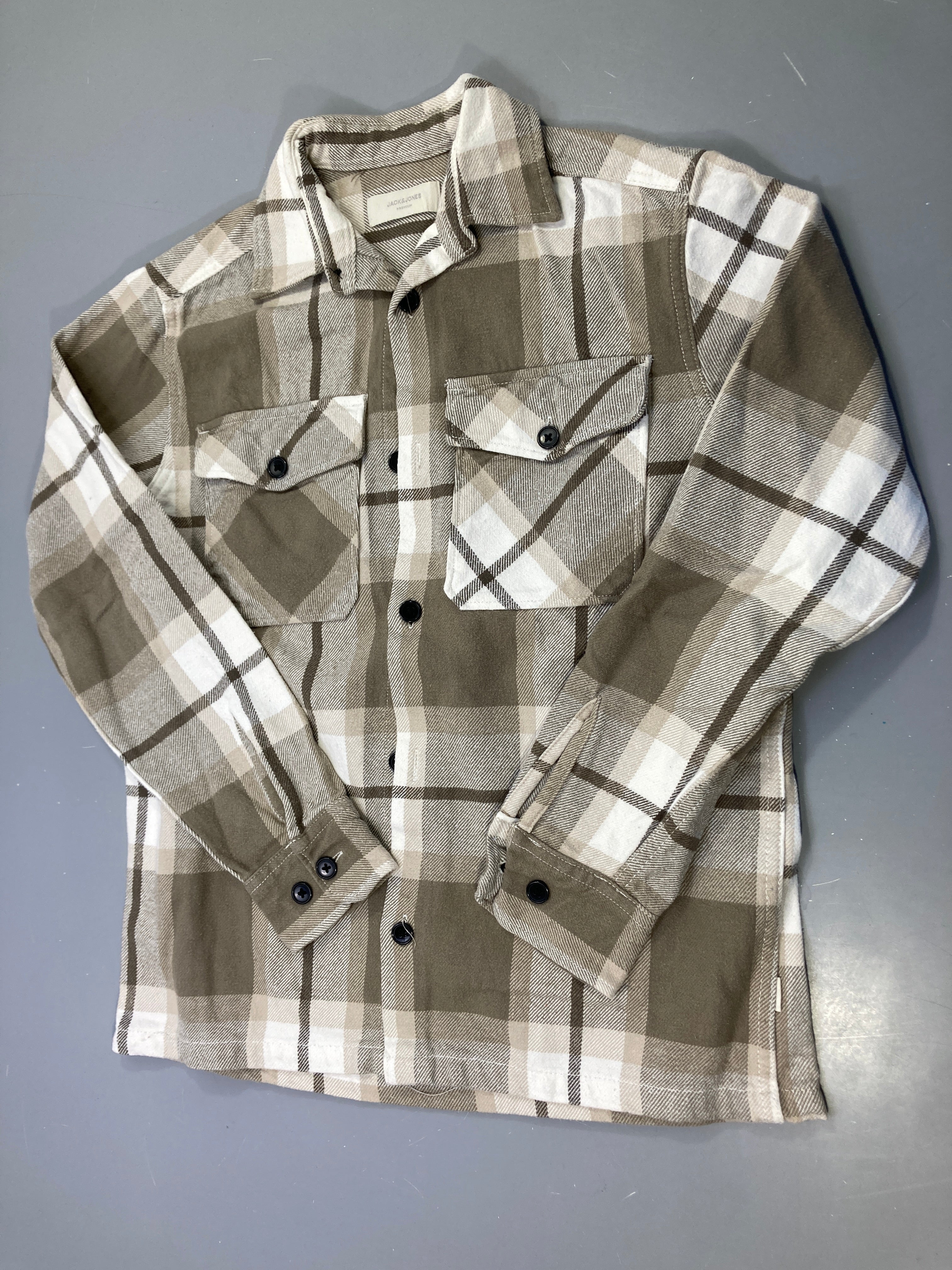 Surchemise m.l kaki écru à carreaux, flanelle, poches poitrine