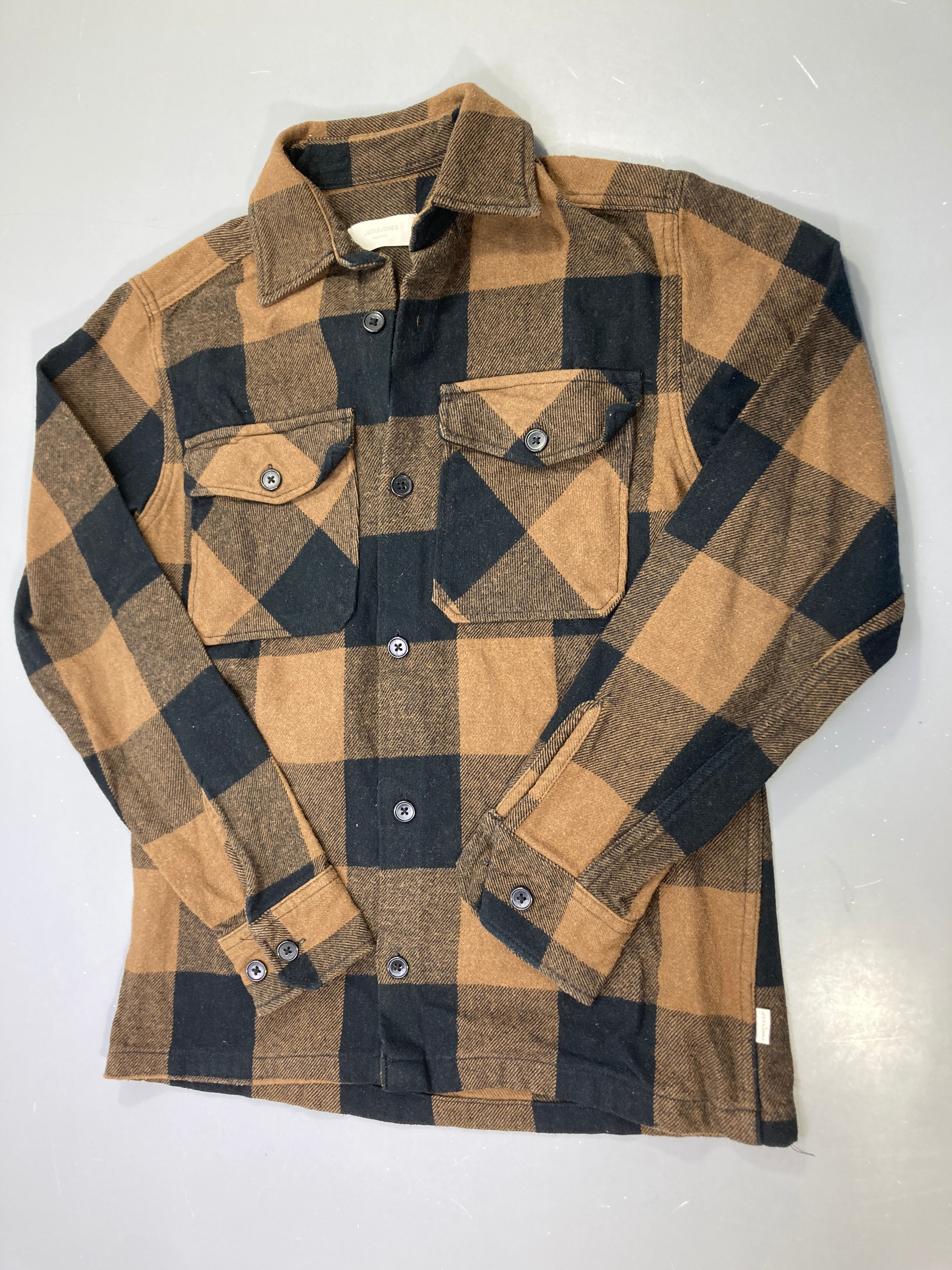 Surchemise m.l camel noir à gros carreaux, flanelle, poches poitrine