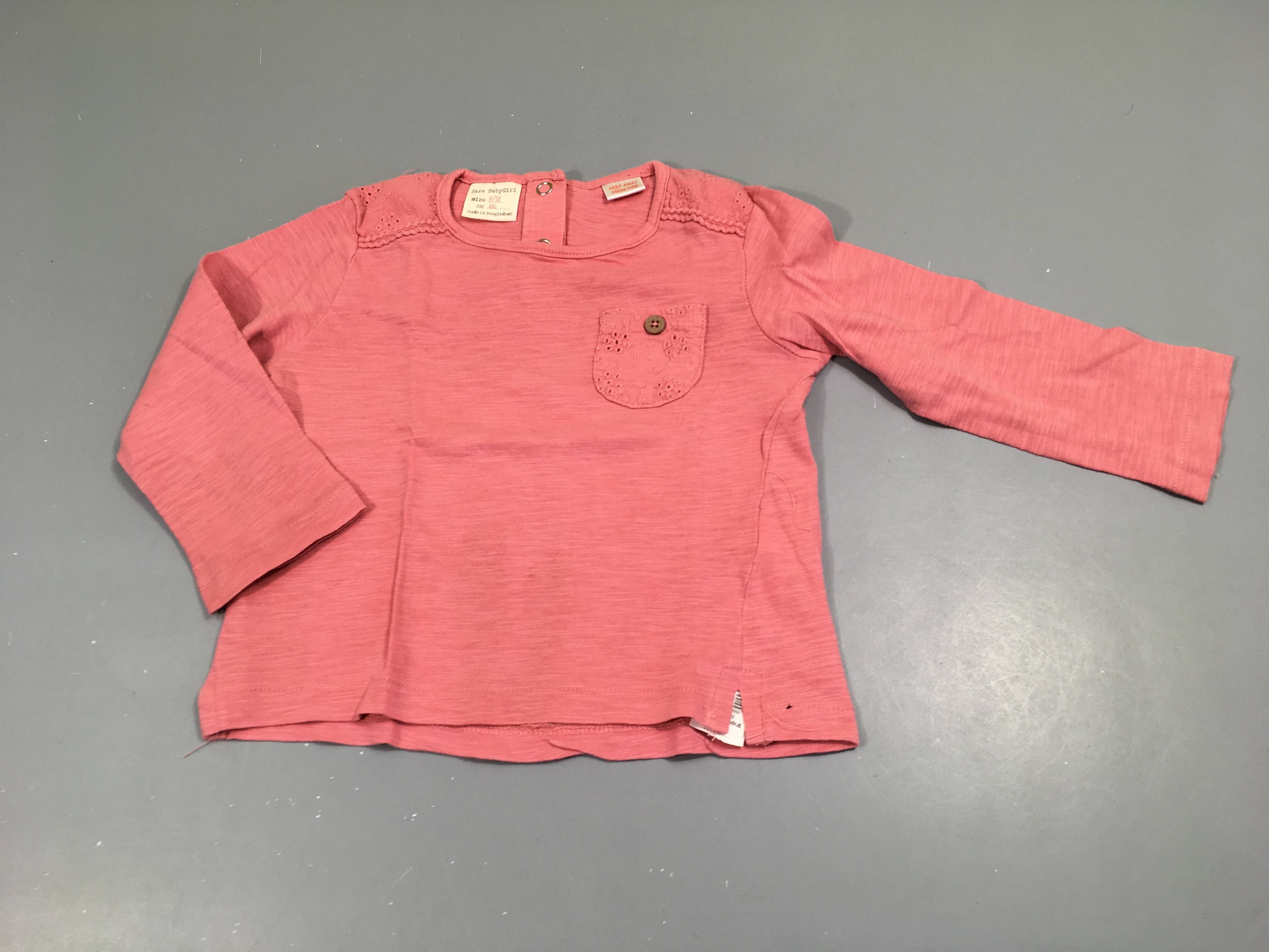 T-Shirt m.l  rose, poche et épaules en broderie anglaise