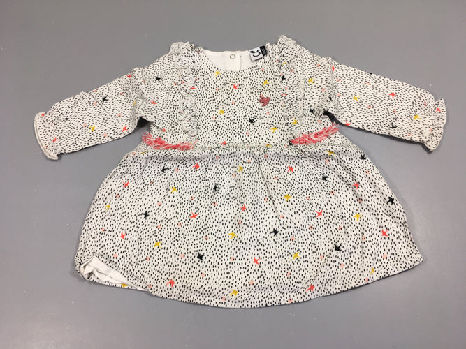 Robe m.l tissu doublé blanc petits motifs noir/jaune/rose, moins cher chez Petit Kiwi