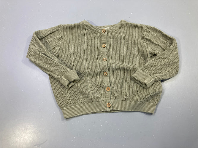 Gilet vert kaki maille ajourée, boutons bois, moins cher chez Petit Kiwi