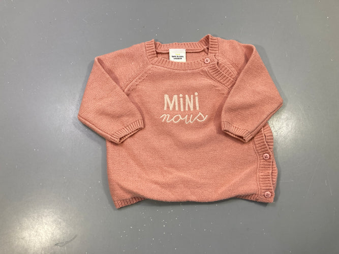 Pull rose maille, brodé Mini nous, boutons épaule, moins cher chez Petit Kiwi