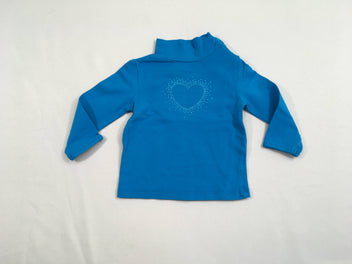 T-shirt m.l col montant bleu canard coeur strass