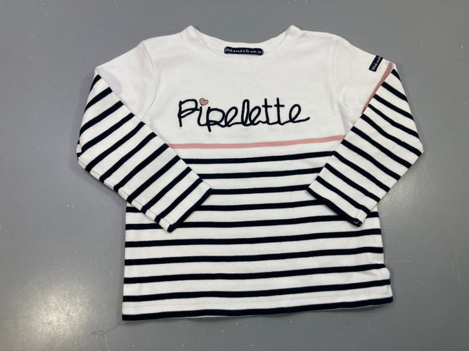 T-shirt m.l blanc rayé bleu marine, brodé Pipelette, moins cher chez Petit Kiwi