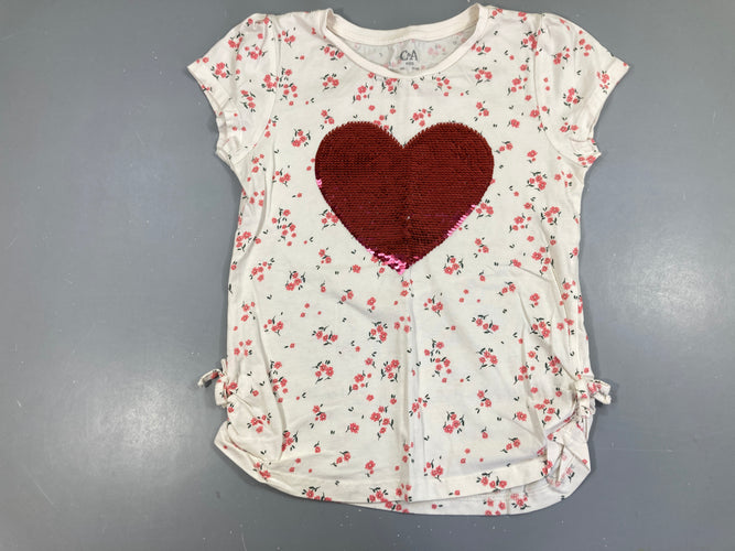 T-shirt m.c blanc fleuri coeur sequins réversibles, moins cher chez Petit Kiwi