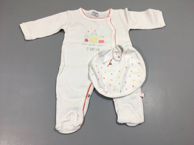 Pyjama jersey blanc , biberons + bavoir assorti, moins cher chez Petit Kiwi