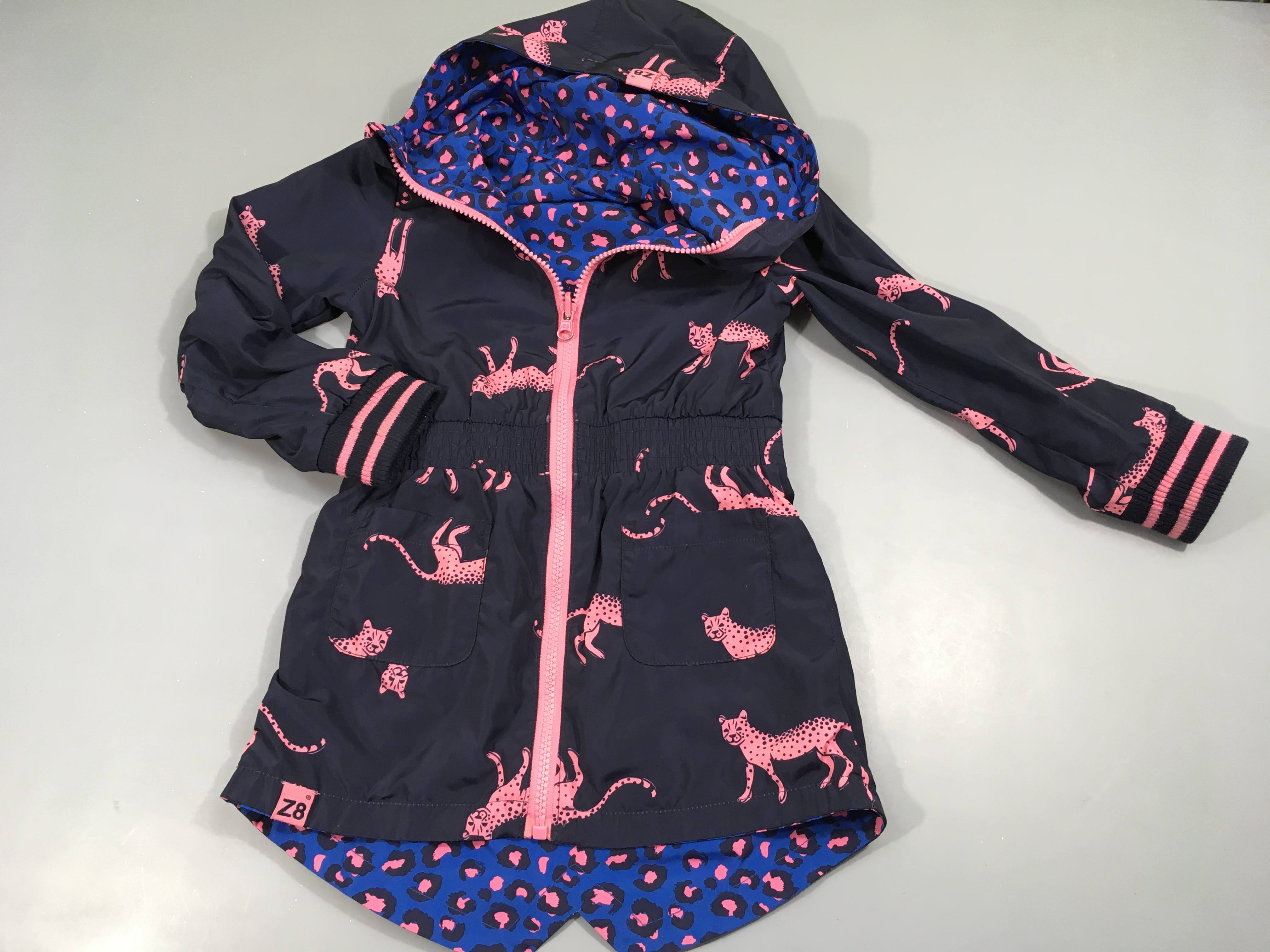 Veste longue coupe vent à capuche réversible bleu et rose, léopart, Z8