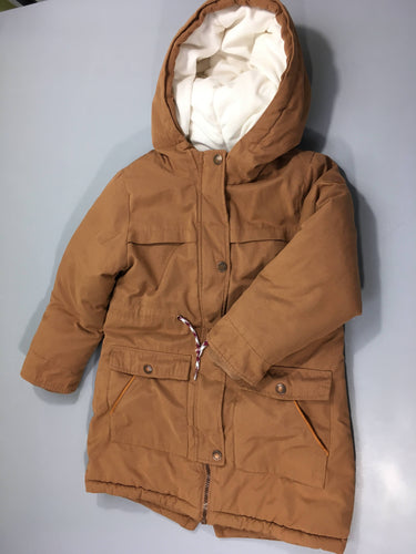 Veste longue camel doublée velours, petit accro sur une manche, moins cher chez Petit Kiwi