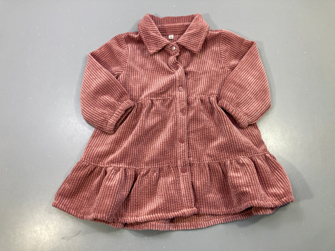 Robe m.l vieux rose velours côtelé, col chemise, pressions, volants, moins cher chez Petit Kiwi
