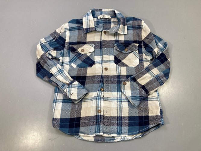 Chemise m.l bleu, marine et écru à carreaux, flanelle, 2 poches poitrine, moins cher chez Petit Kiwi