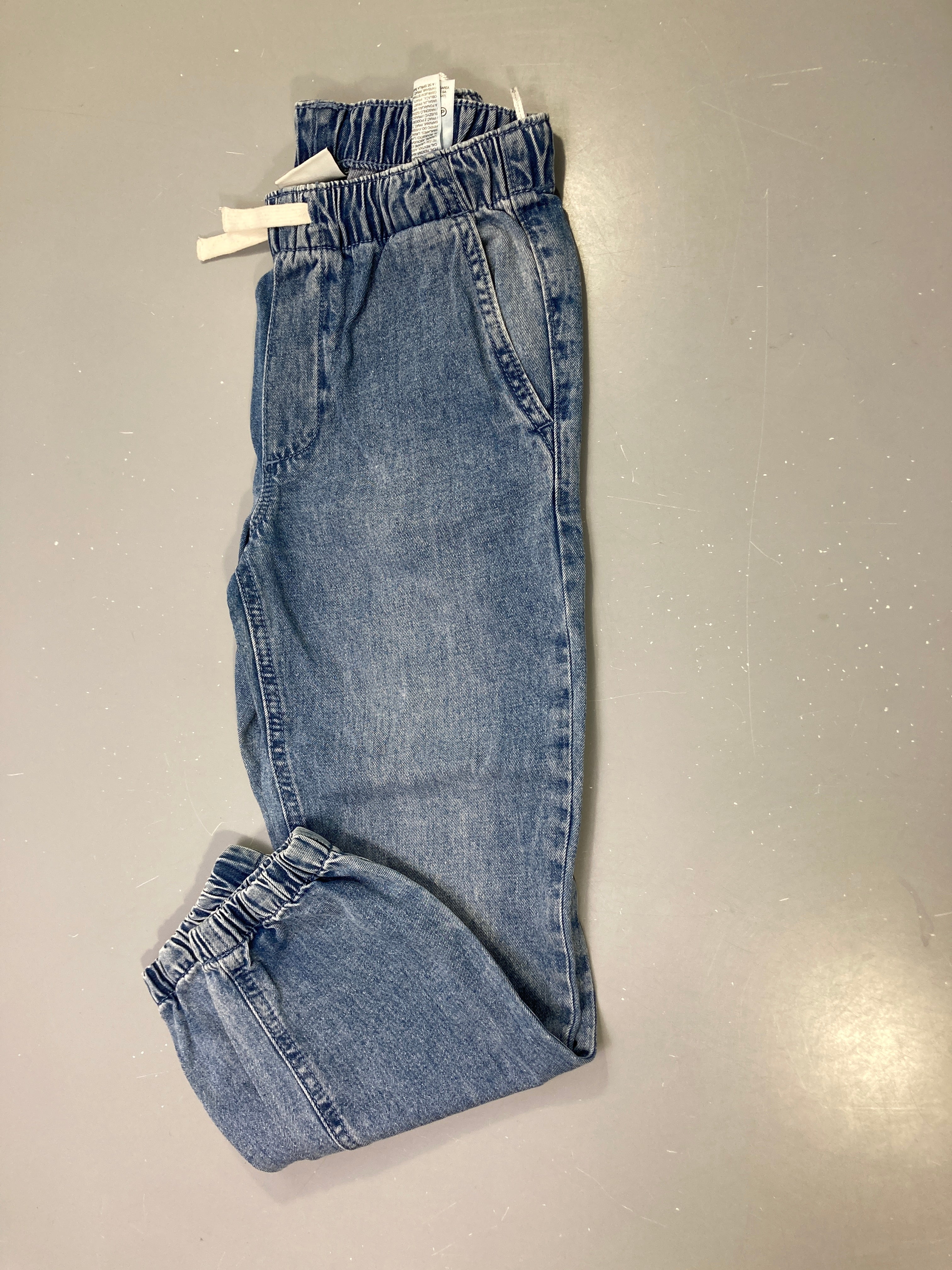 Pantalon bleu délavé jean, taille élastique à cordon, bas élastiqués