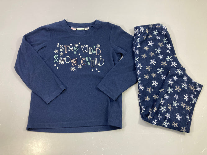 Pyjama 2pcs polaire léger bleu marine, « Stay wild snow child », flocons, moins cher chez Petit Kiwi