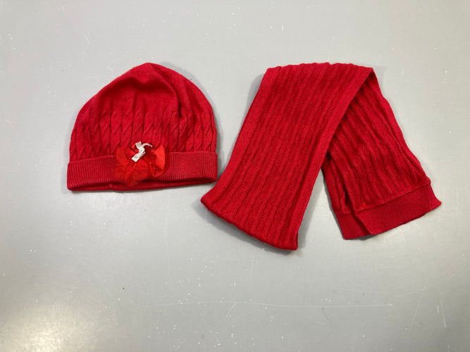 Ensemble bonnet et écharpe rouge maille torsadée, nœud tulle sur bonnet Tutto Piccolo, moins cher chez Petit Kiwi