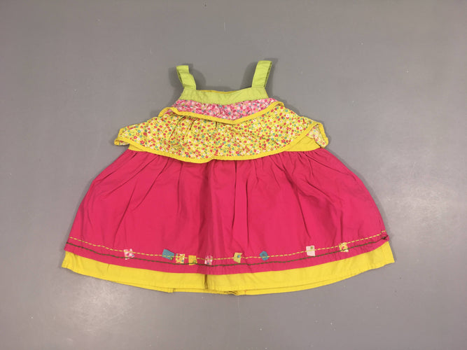 Robe à bretelles fuchsia-jaune fleuri, moins cher chez Petit Kiwi