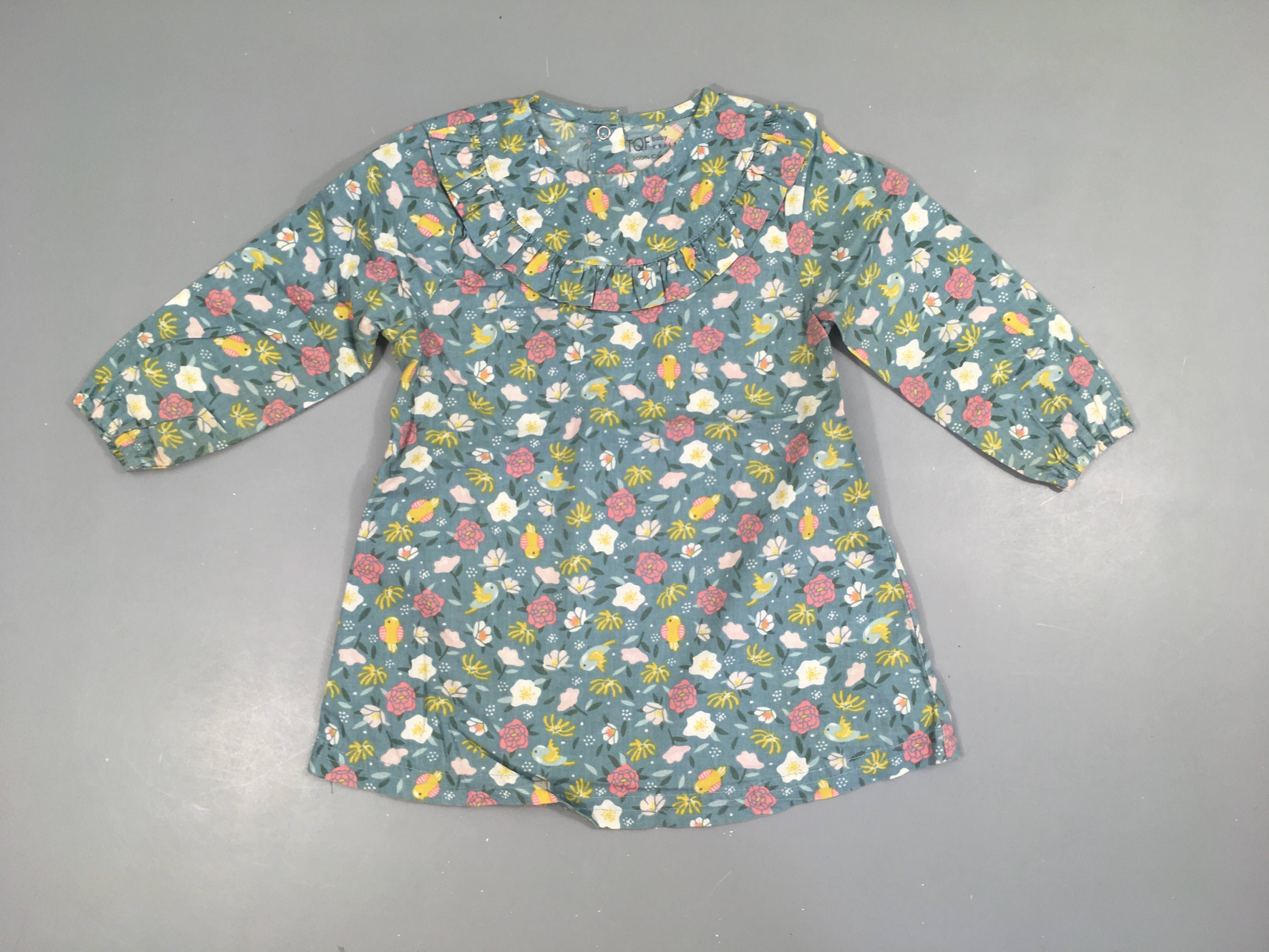 Robe m.l bleue motifs oiseaux jaune