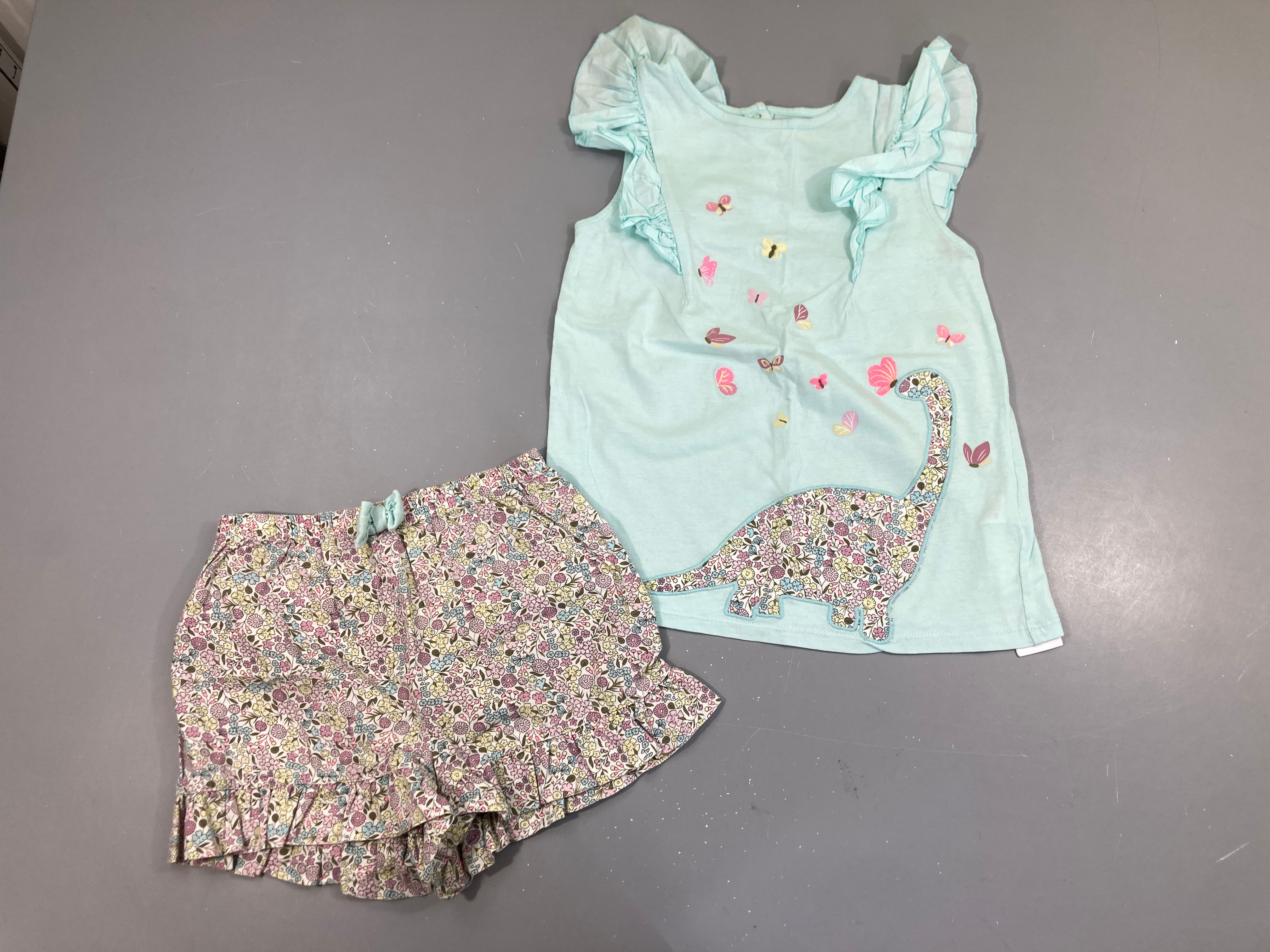 Pyjama 2 pcs bleu papillons dino + short fleuri