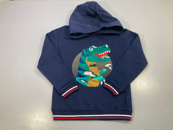 Sweat capuche bleu marine, dinosaure en sequins réversibles, bords rayés rouge et blanc, moins cher chez Petit Kiwi