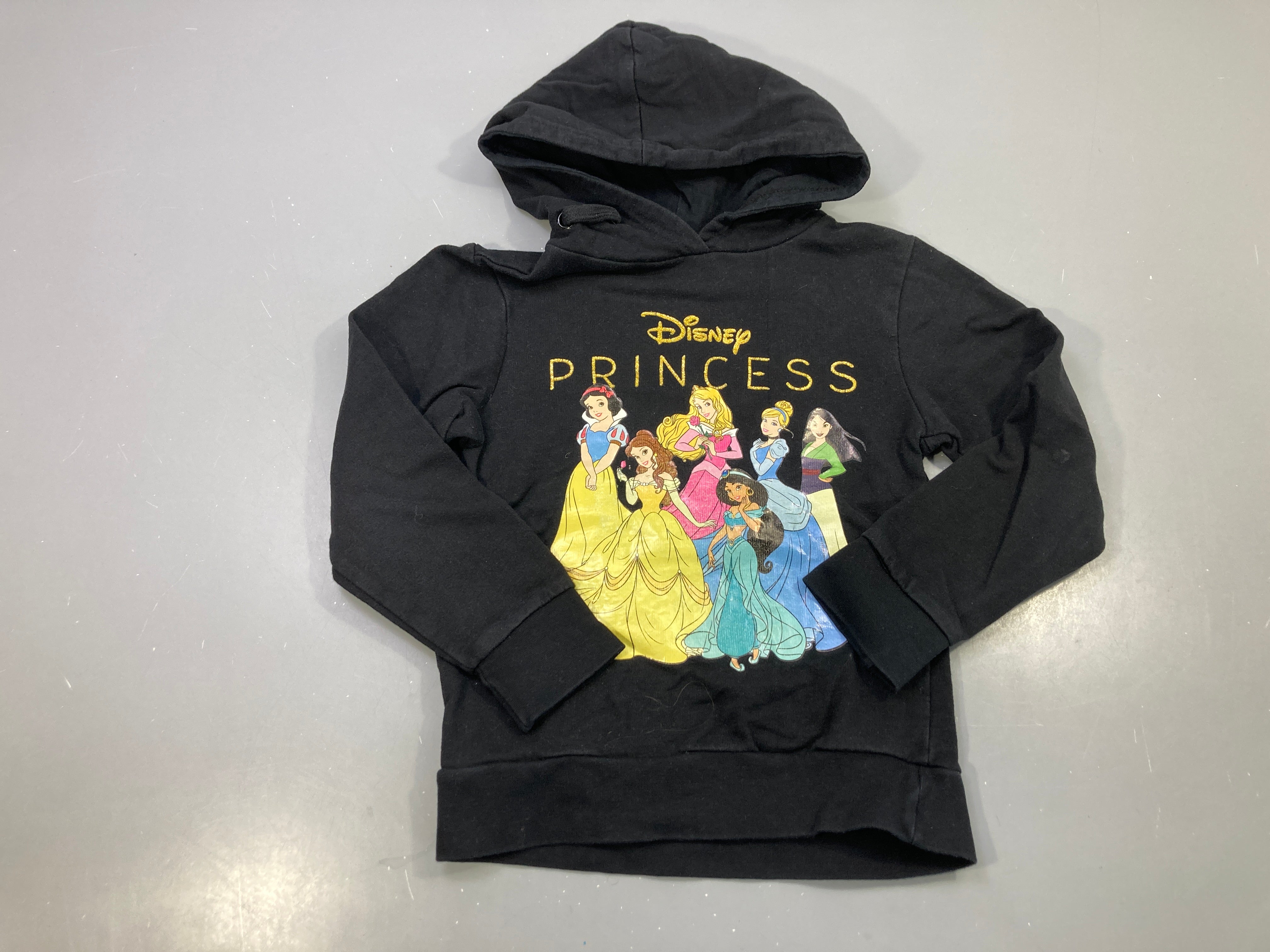 Sweat capuche noir, imprimé Princesses Disney pailleté