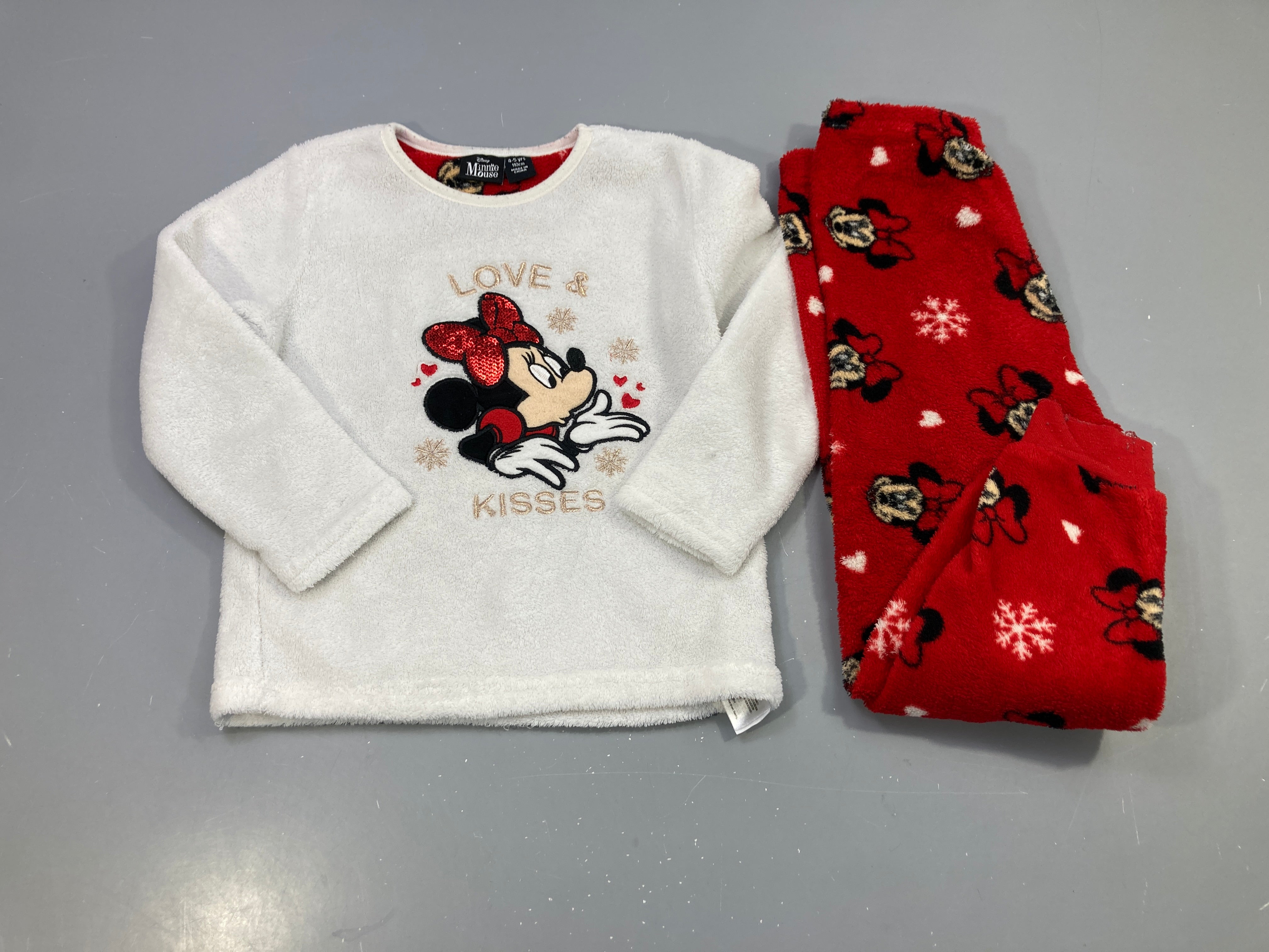 Pyjama 2pcs polaire écru et rouge, Minnie brodée sequins « Love & Kisses », flocons