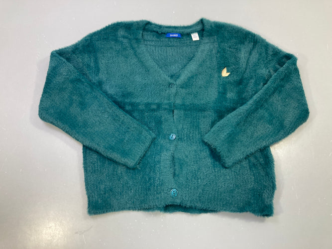 Gilet vert canard duveteux, col V, boutons, broche feuille dorée, moins cher chez Petit Kiwi