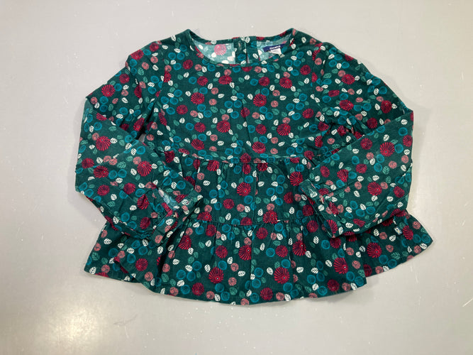 Blouse m.l vert sapin velours côtelé fleurie rouge et bleu, volants, moins cher chez Petit Kiwi