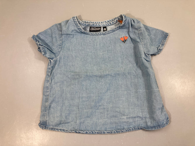 Blouse m.c denim fleurs brodées, dos ouvert, moins cher chez Petit Kiwi