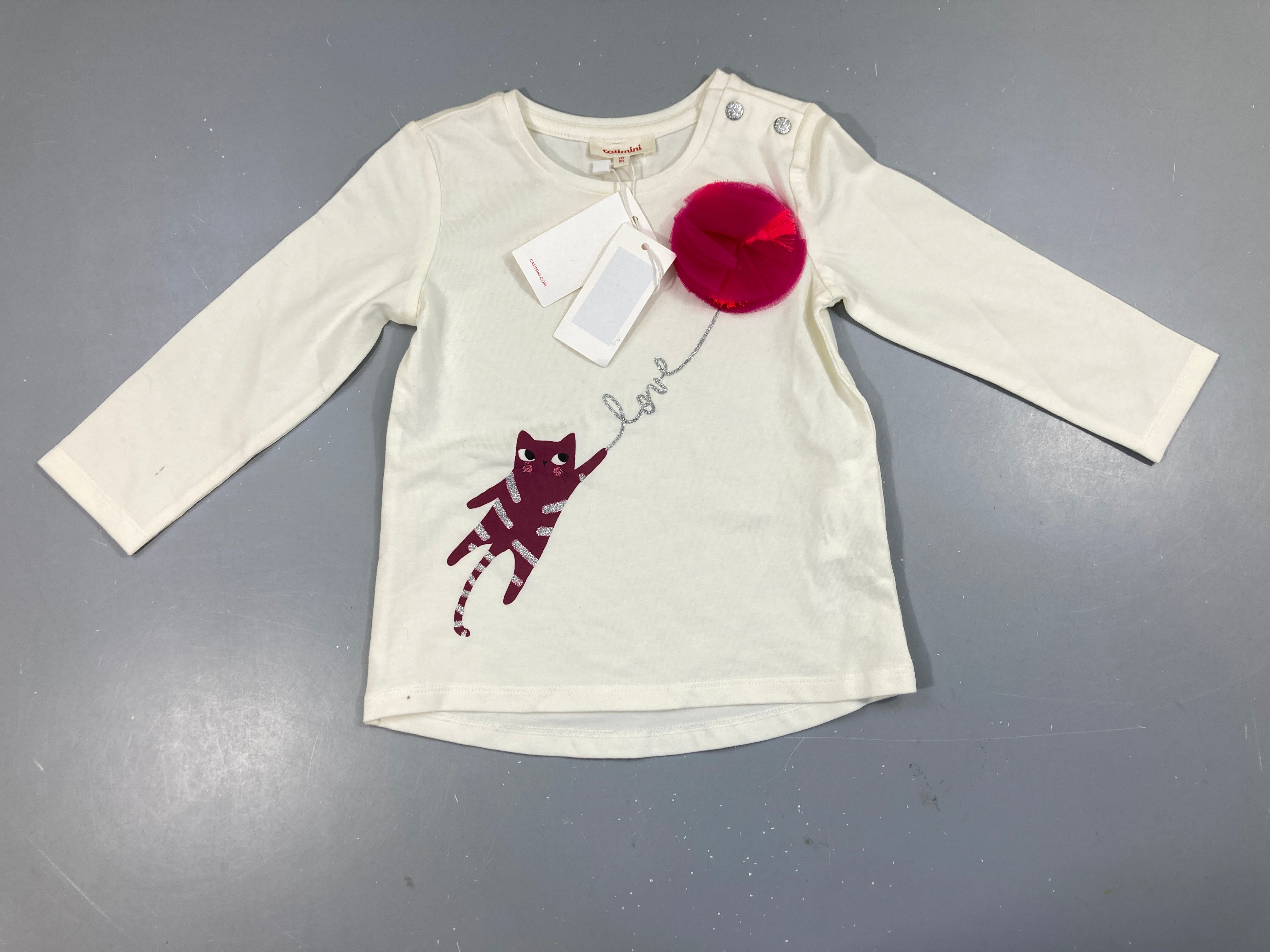 NEUF T-shirt m.l écru chat tulle, trait sur la manche