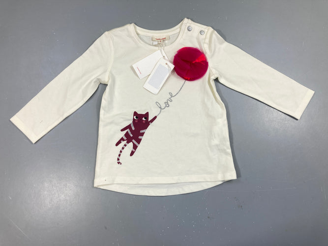 NEUF T-shirt m.l écru chat tulle, trait sur la manche, moins cher chez Petit Kiwi