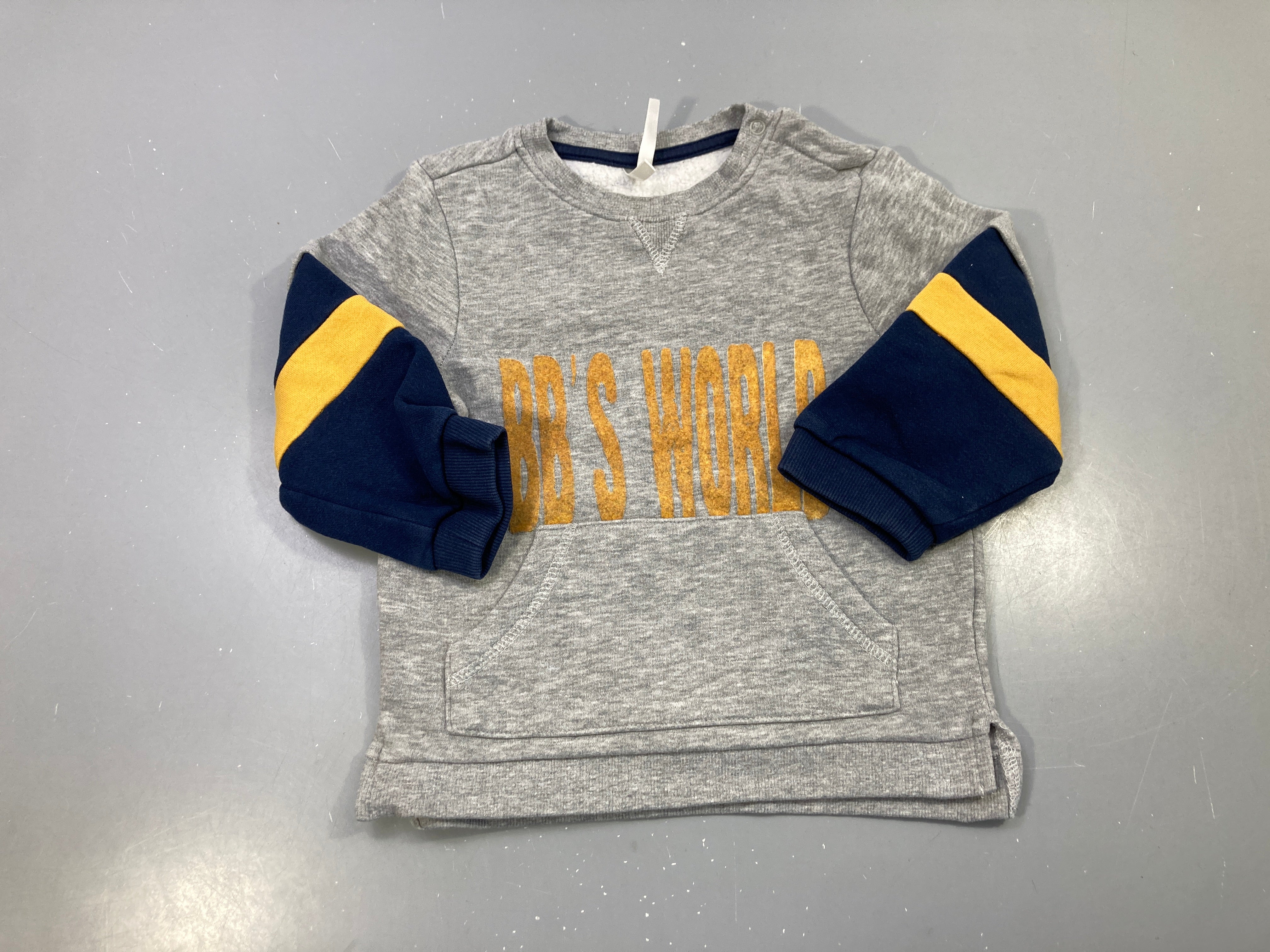Sweat gris chiné molleton, manches marine et moutarde, BB's World