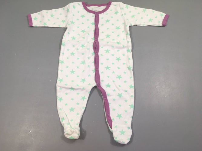 Pyjama jersey blanc bords mauve étoiles vertes, moins cher chez Petit Kiwi