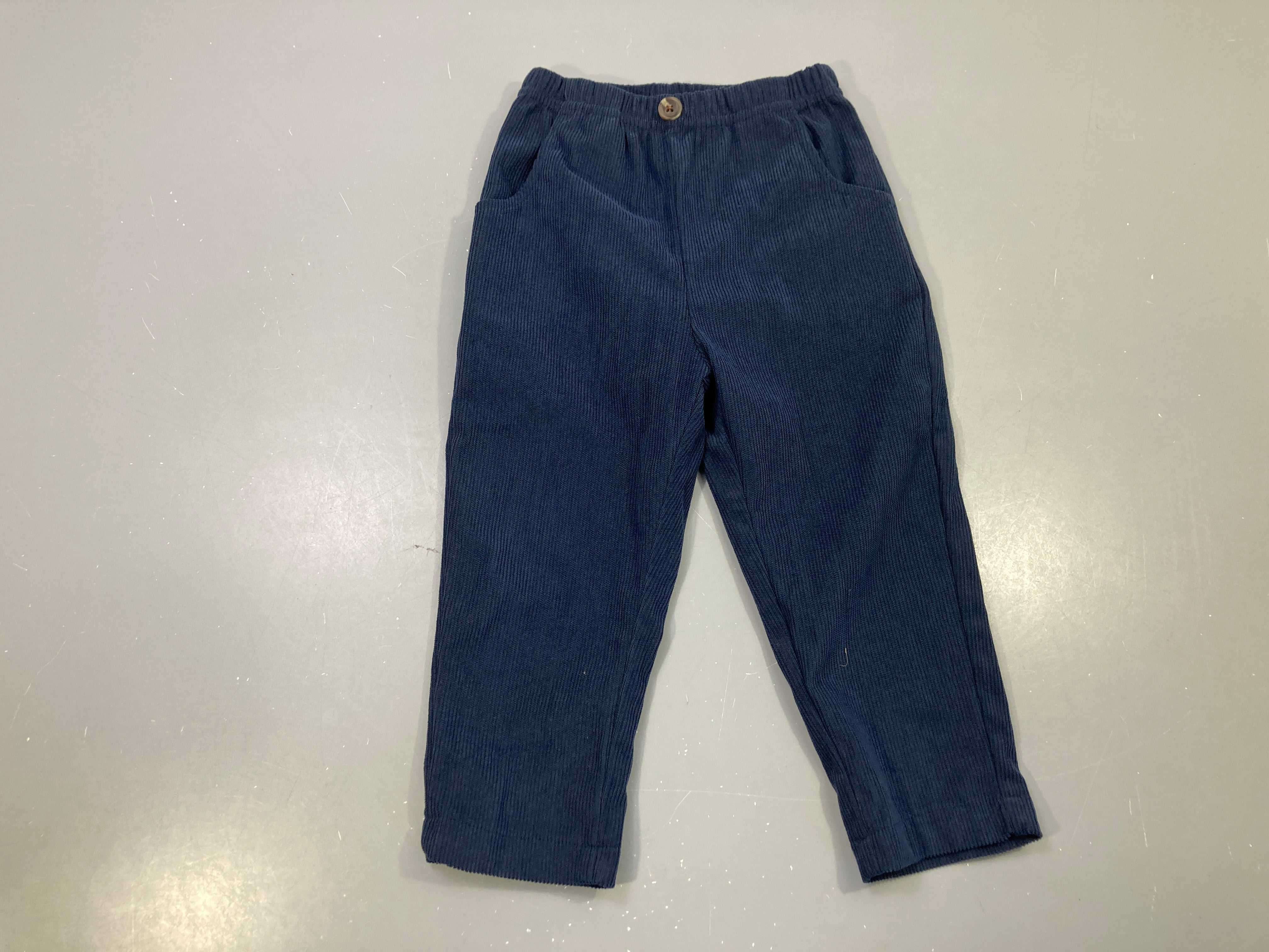 Pantalon léger velours bleu marine côtelé, taille élastique bouton