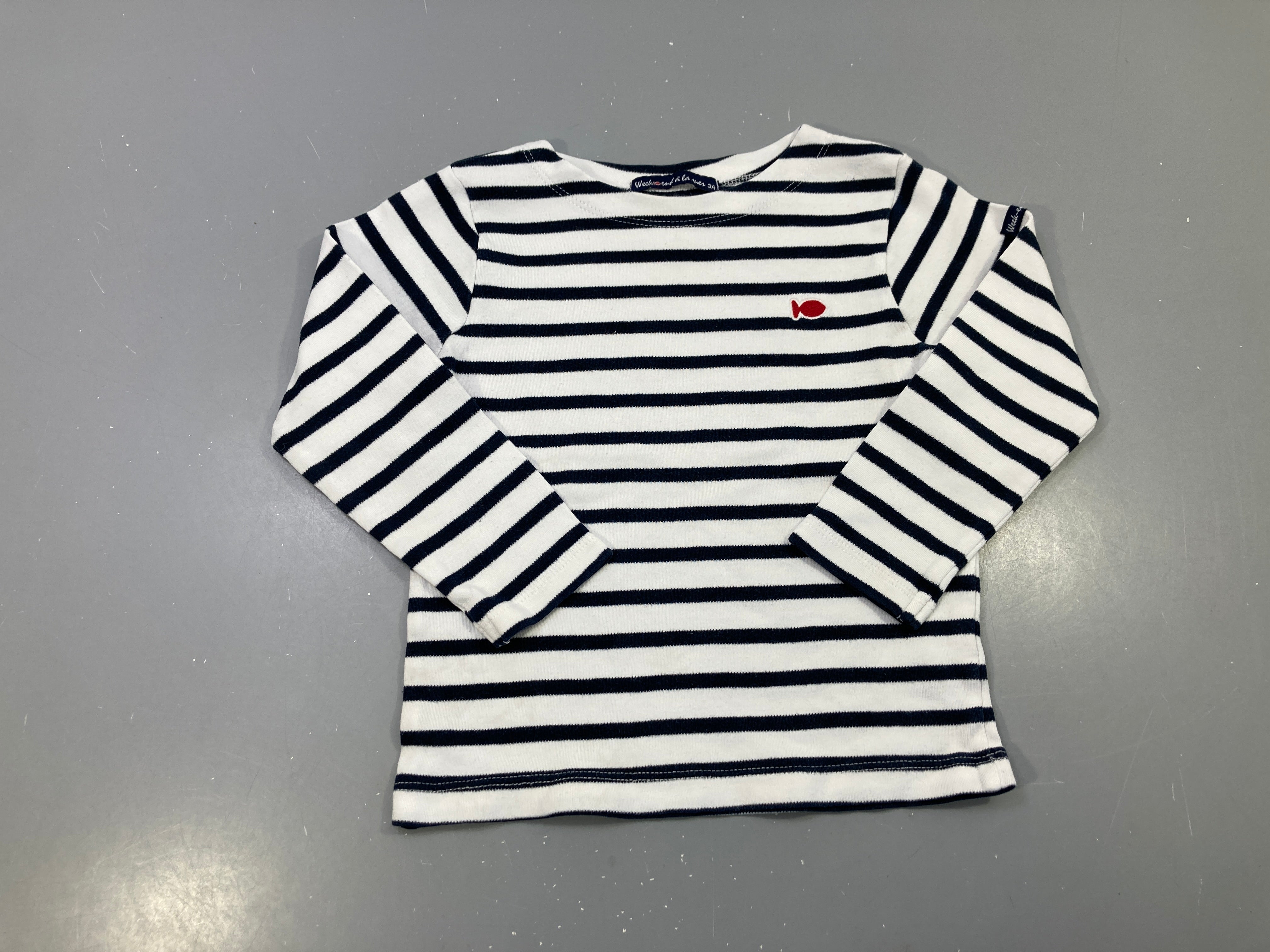 T-shirt m.l blanc marinière rayé bleu marine, poisson rouge brodé, bouloché