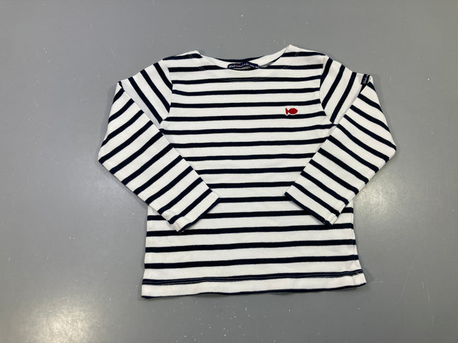 T-shirt m.l blanc marinière rayé bleu marine, poisson rouge brodé, bouloché, moins cher chez Petit Kiwi