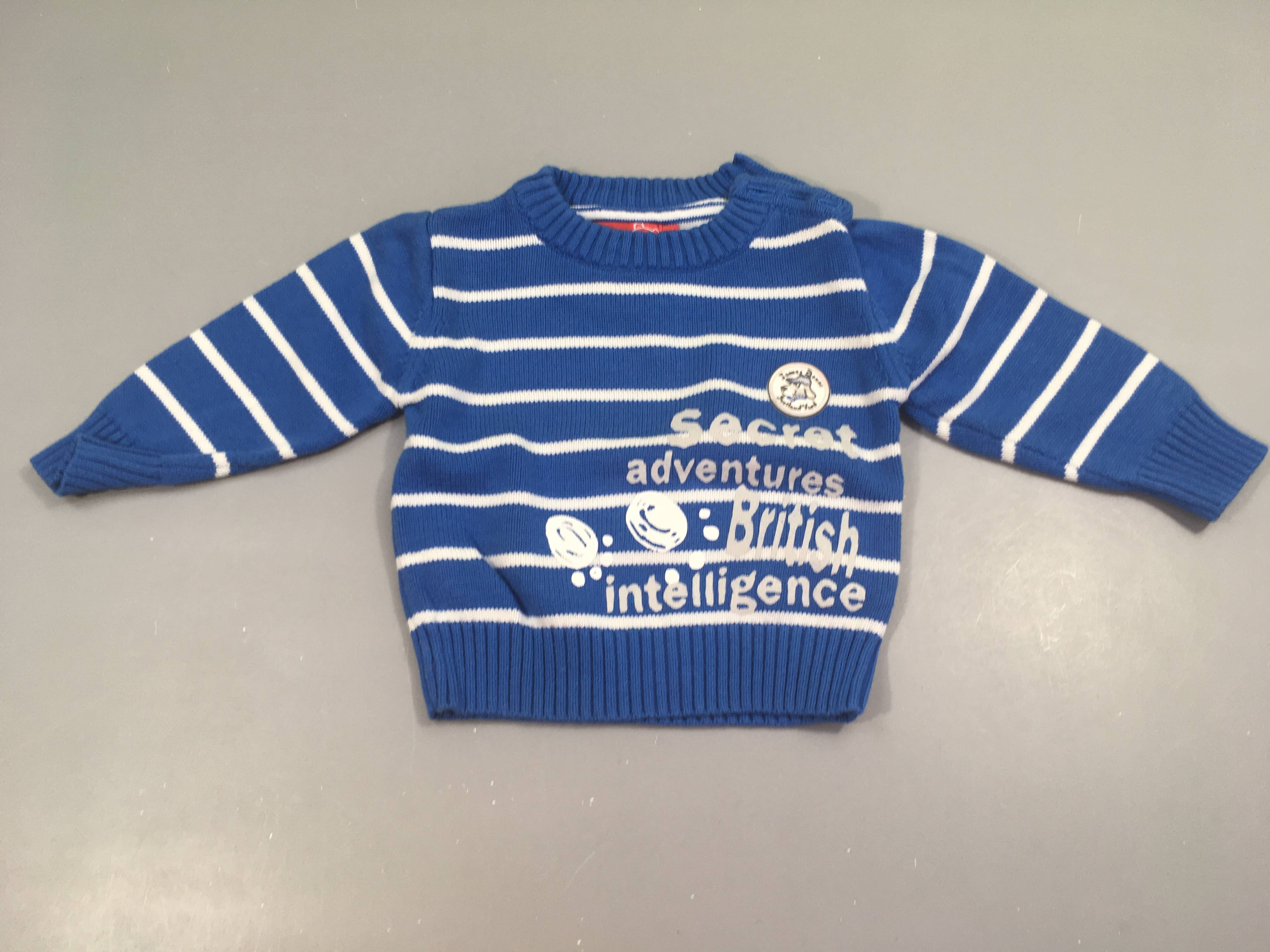 Pull coton  bleu rayé blanc