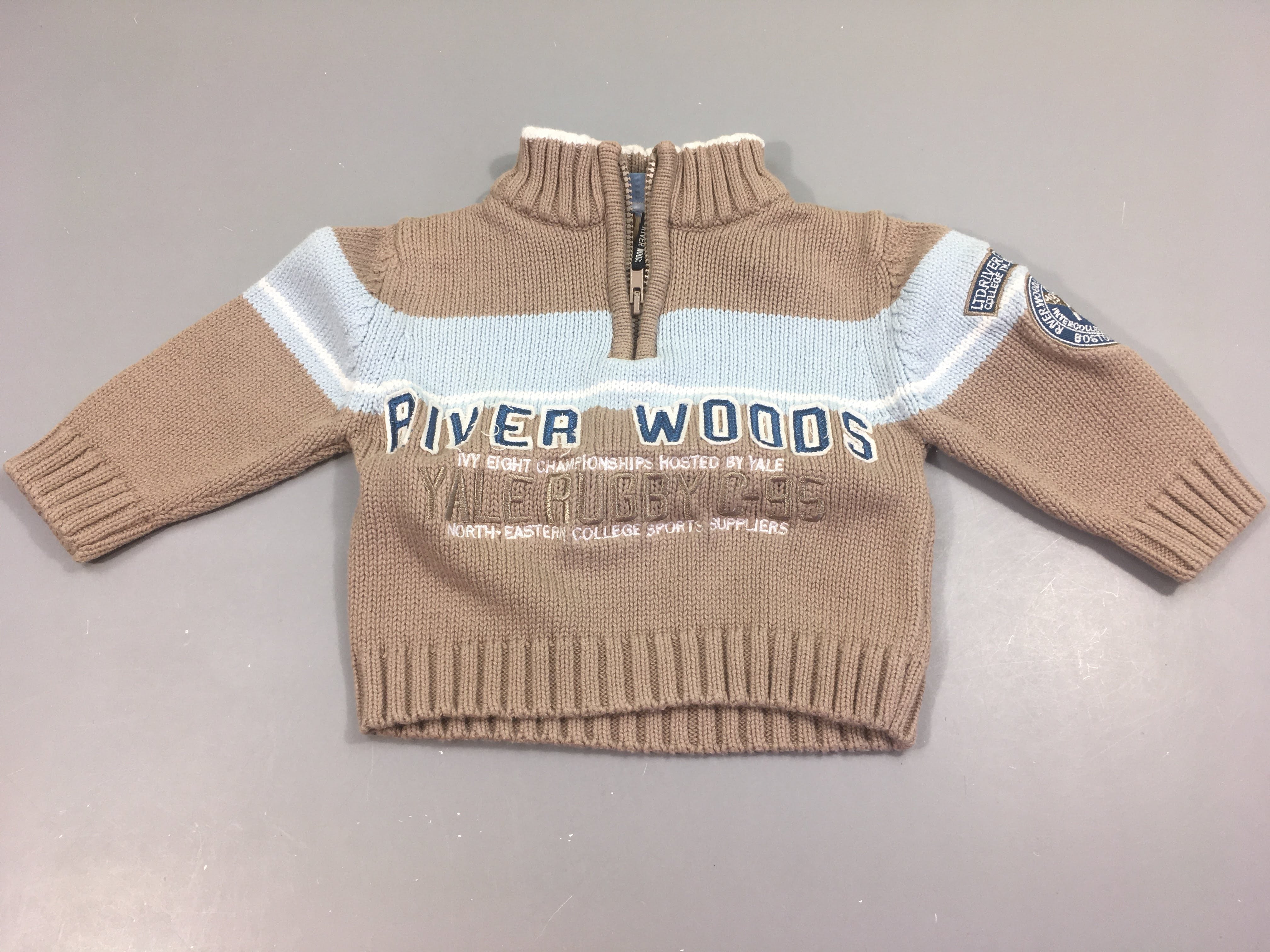 Pull coton  col montant zippé rayé bleu clair/beige