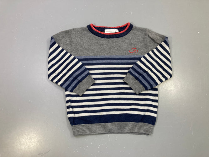 Pull gris rayé bleu marine et blanc, col rouge, maille, 5% cachemire, moins cher chez Petit Kiwi