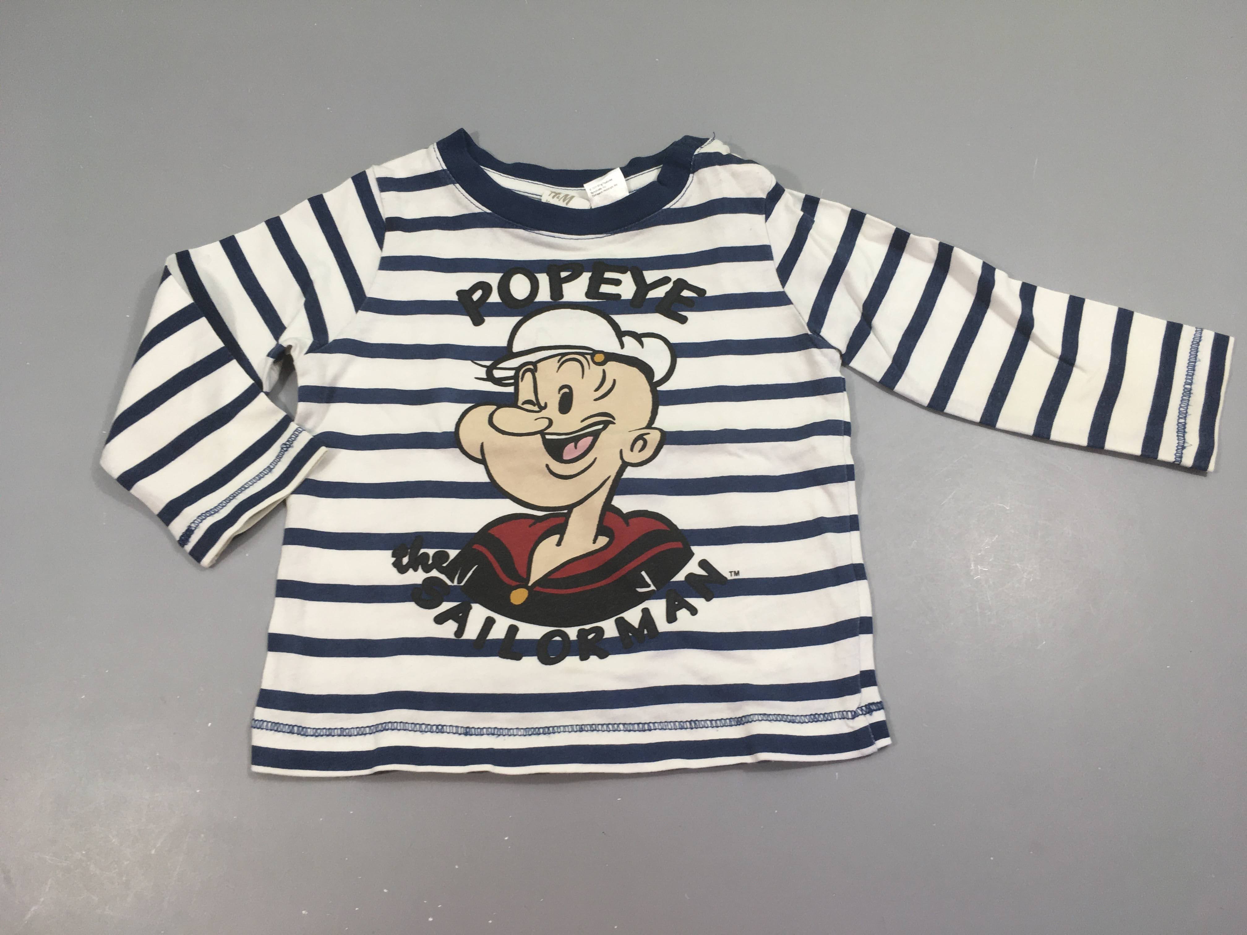 T-shirt m.l pressions épaule blanc rayé bleu Popeye